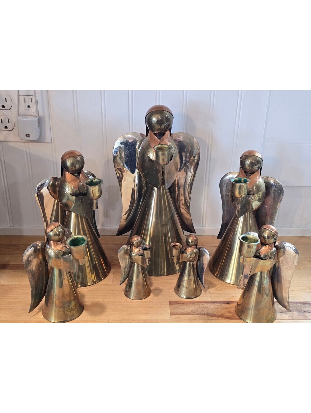 Vtg Mid-Century Tri-Metal Angel Candle Holders Massive Graduated Family Set of 7